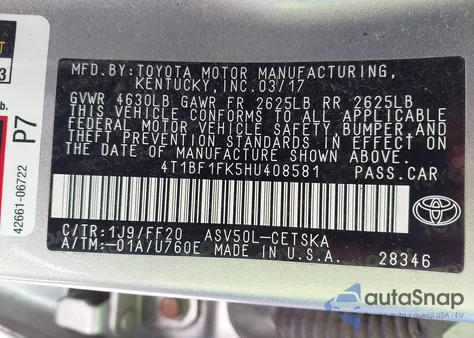 2017 Toyota Camry Se z USA, uszkodzony, nr VIN 4T1BF1FK5HU408581